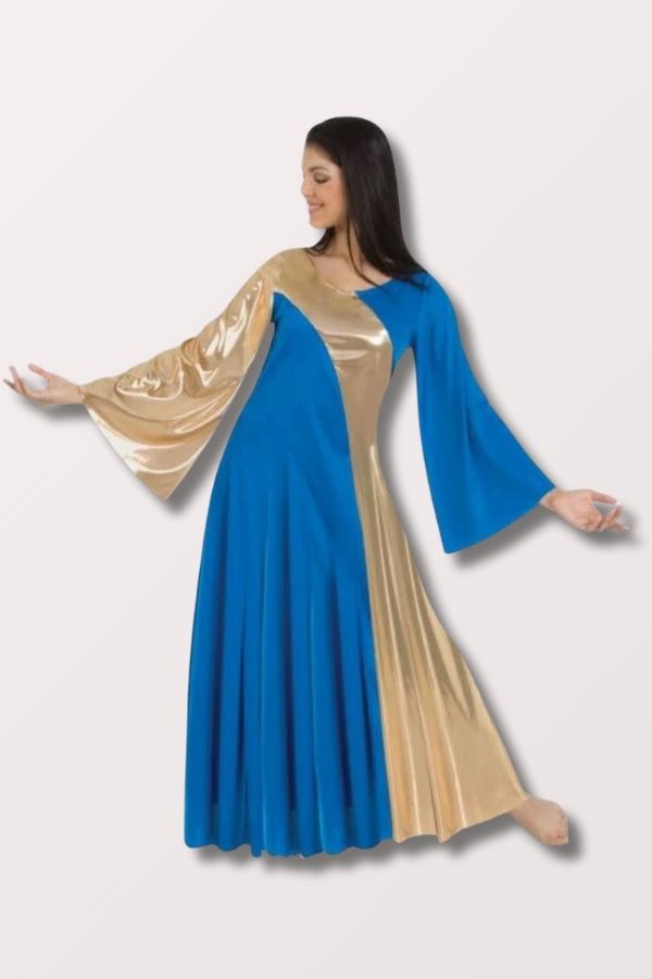 Body Wrappers Girls Asymmetrical Bell Sleeve Praise Dance Dress in Royal/Gold Style 0592 at New York Dancewear Company