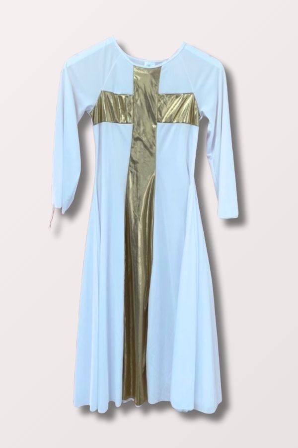 Body Wrappers Girls Long Praise Dress with Cross in White/Gold Style 0620 at New York Dancewear Company.