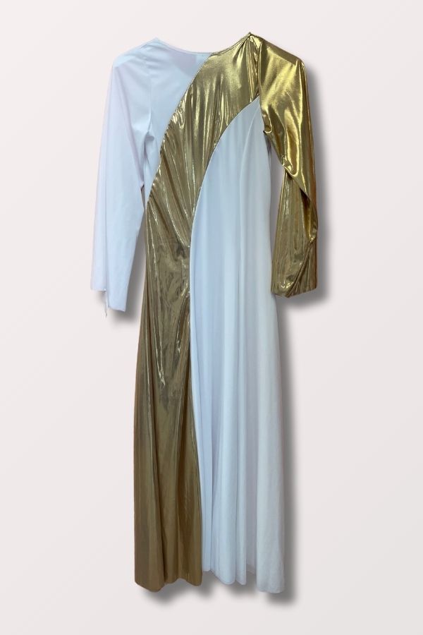 Body Wrappers Women's Asymmetrical Bell Sleeve Praise Dance Dress in White/Gold Style 592 at New York Dancewear Company