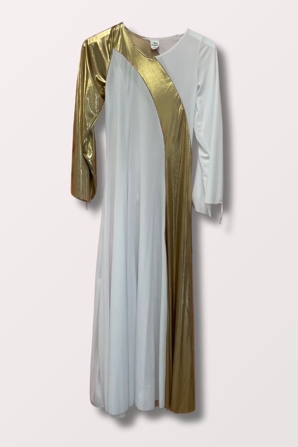 Body Wrappers Women's Asymmetrical Bell Sleeve Praise Dance Dress in White/Gold Style 592 at New York Dancewear Company
