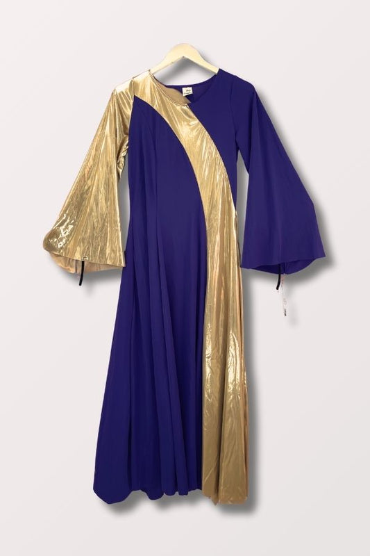 Body Wrappers Women's Asymmetrical Bell Sleeve Praise Dress in Deep Purple and Gold at New York Dancewear Company