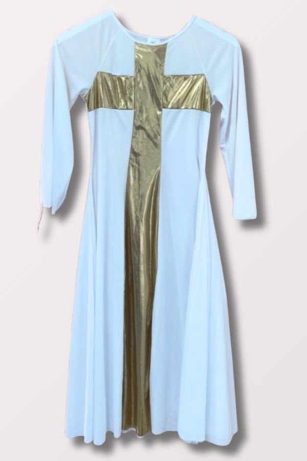 Body Wrappers Women's Praise Cross Long Dress in White/Gold Style 620 at New York Dancewear Company