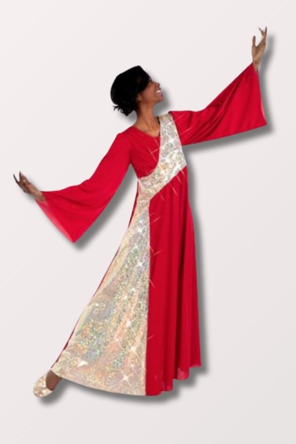 Body Wrappers Women's Shimmery Asymmetrical Bell Sleeve Praise Dress in Scarlet/Gold Style 630 at New York Dancewear Company