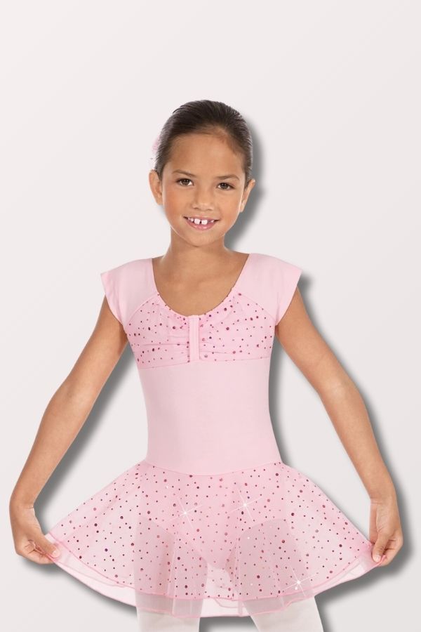 Eurotard Girls Sequin Ruched Short Sleeve Dance Dress in Pink Style 02463 at New York Dancewear Company