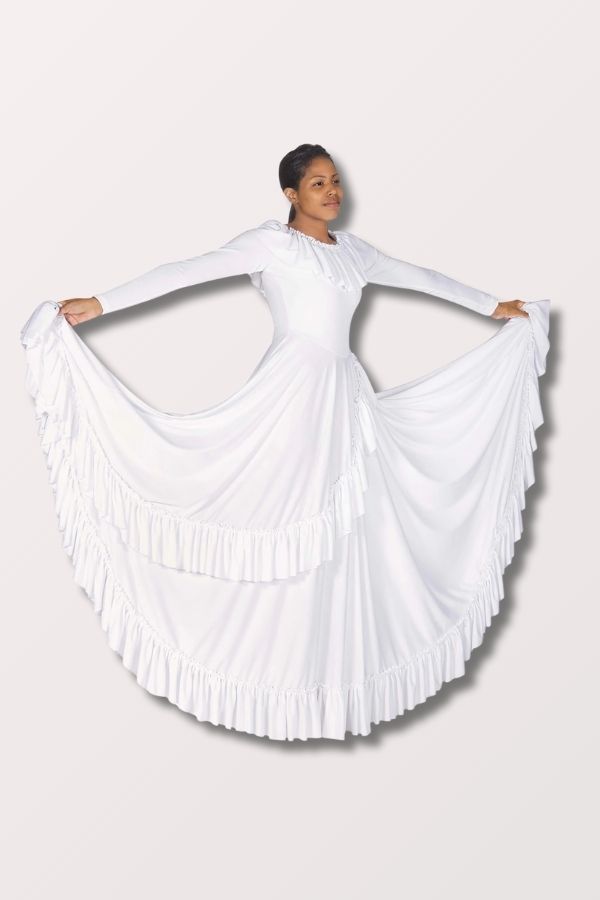 Eurotard Women's Revelation Ruffle Long Sleeve Praise Dress in White Style 13779 at New York Dancewear Company
