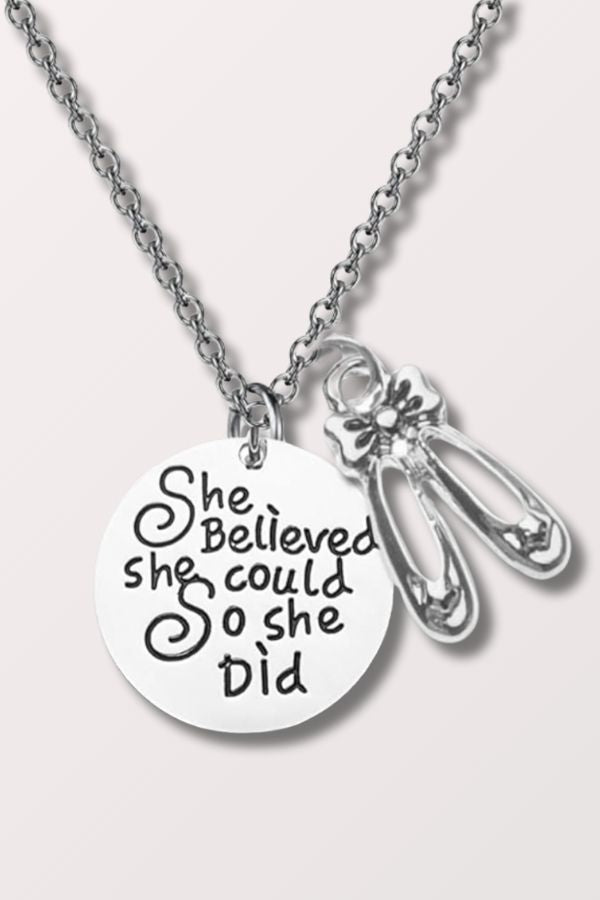 Sporty Bella She Believes She Could So She Did Dance Necklace with Ballet Slippers at New York Dancewear Company