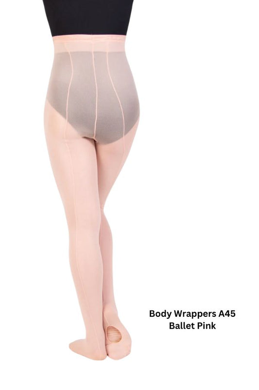 A45 BodyWrappers TotalSTRETCH Back Seam Regular Mesh Convertible Tights Ballet Pink