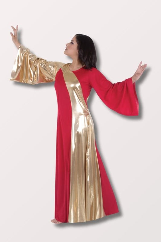 Body Wrappers Children's Asymmetrical Bell Sleeve Praise Dance Dress in Scarlet/Gold Style 0592 at New York Dancewear Company