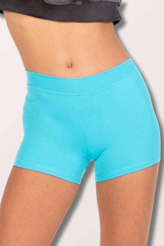 Body Wrappers Prowear Boy Cut Shorts with Wide Waistband in Turquoise Style BWP081 at New York Dancewear Company