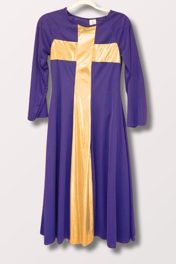Body Wrappers Women's Gold Cross Long Praise Dress in Deep Purple Style 60 at New York Dancewear Company