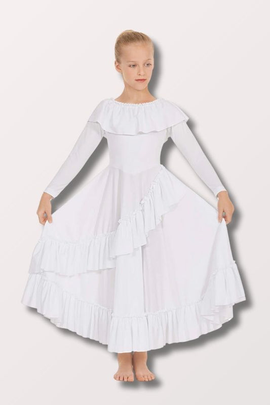 Eurotard Girls Revelation Ruffle Long Sleeve Praise Dress in White Style 13779C at New York DancewearCompany
