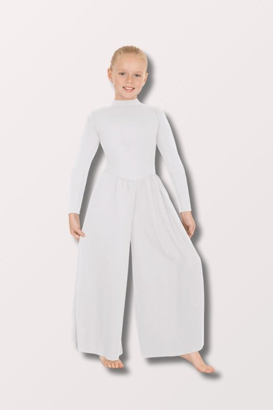 Eurotard Girls Simplicity Polyester Long Sleeve Wide Leg High Neck Jumpsuit in White Style 13846C at New York Dancewear Company