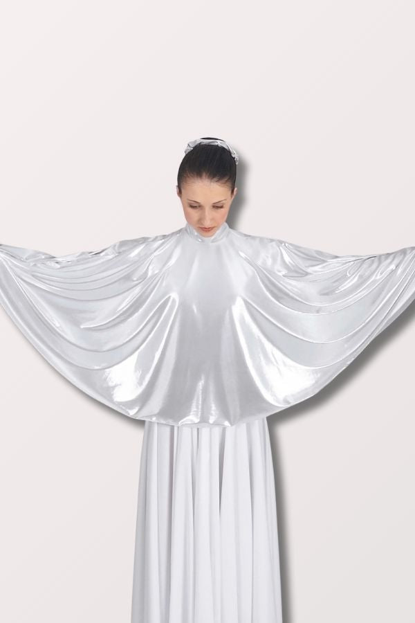 Eurotard Women's Guiding Light Mock Neck Angel Praise Cape in Metallic Silver Style 14739 at New York Dancewear Company